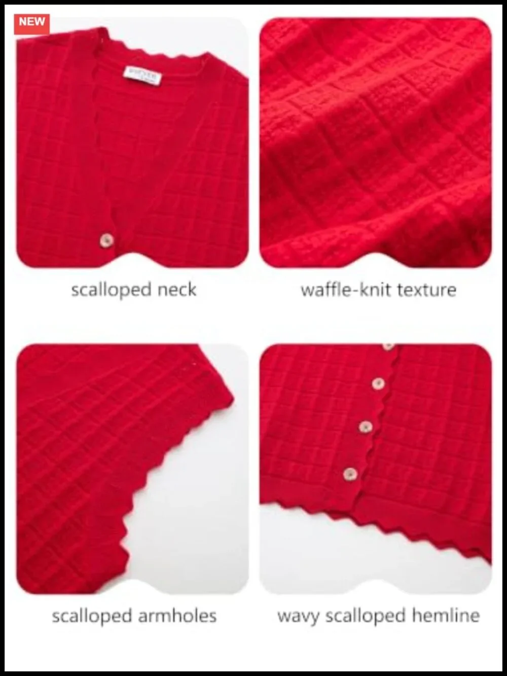 Women's Scallop Edge Waffle Knit Sweater Vest Button Front Sleeveless Cardigan